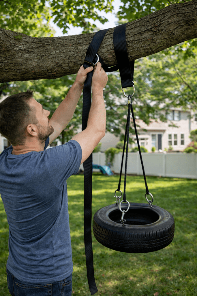 Man Hanging Tire Swing from Tree Branch in Backyard