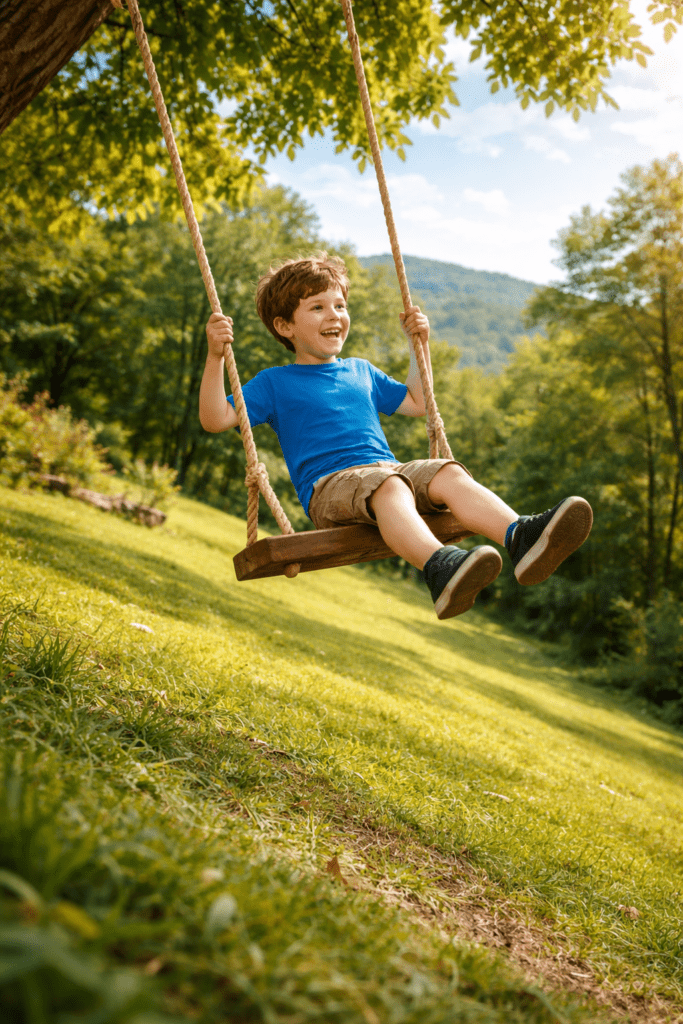Child Swinging from Tree Swing Over Hillside