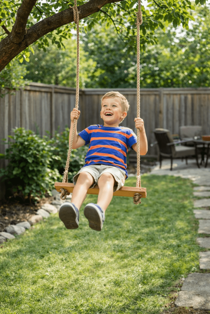 Child Swinging on Wooden Seat Tree Swing in Small Backyard