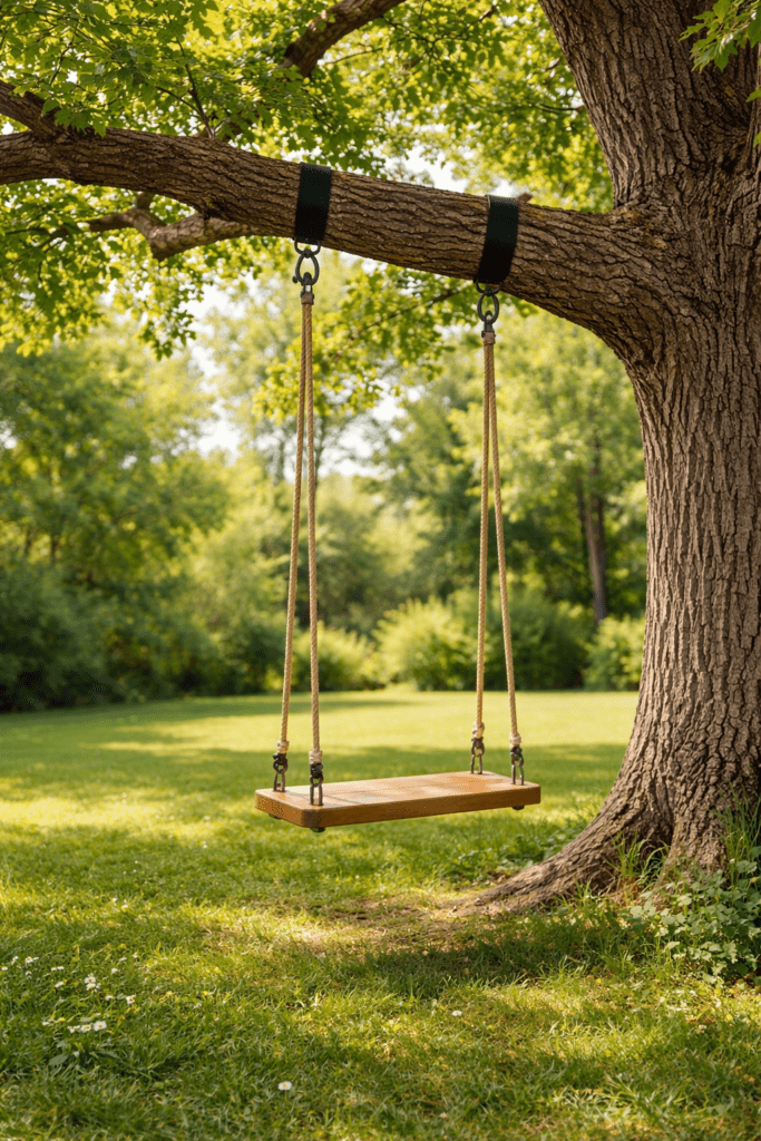 Wooden Swing Hanging from Tree Branch