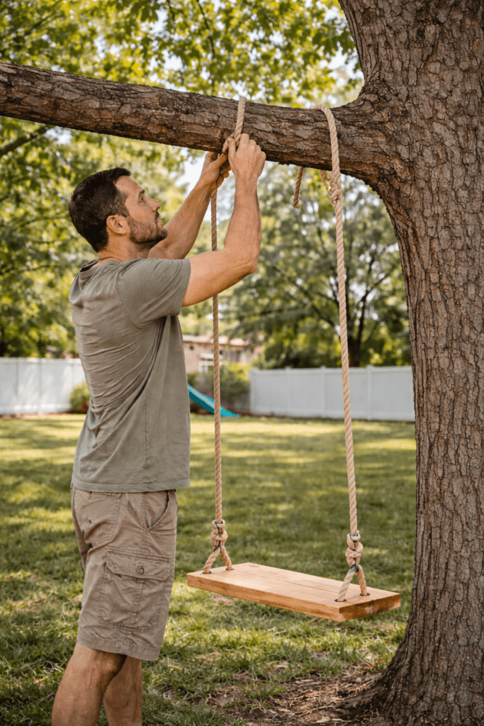 Man Hanging Tree Swing with Rope